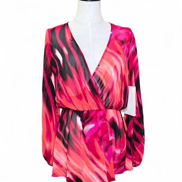 NWT's boston proper pink orange and black sheer slit sleeve blouse - Picture 1 of 8